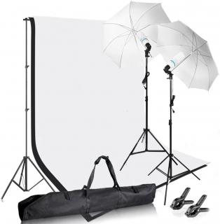 Kit studio foto,lumini,2 umbrele,suport fundal 2x3m,2 becuri 135W, 2 panze fundal alb,negru