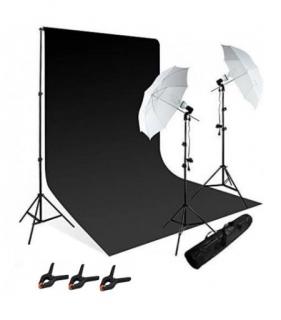 Kit studio foto,lumini,2 umbrele,suport fundal reglabil 2x3m,2 becuri 135W, panza fundal negru 2x3m