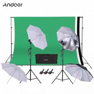 Kit studio foto,lumini,4 umbrele alb,negru,suport fundal 2x2m,2x bec 45W + 3 panze fundal multicolore