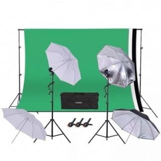 Kit studio foto,lumini,4 umbrele alb,negru,suport fundal 2x3m,2x bec 45W + 3 panze fundal multicolore