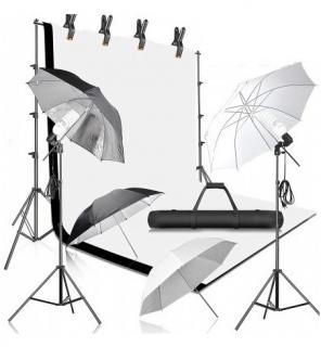 Kit studio foto,lumini,4 umbrele alb,negru,suport fundal reglabil 2x2m,2 becuri + 2 panze fundal