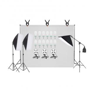 Kit studio foto-video special pentru fotografii de inalta calitate, 3 lumini softox, 12 becuri foto 150W, suport fundal reglabil 2x3m, macara si panza fundal 2x3m