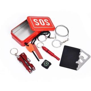 Kit supravietuire SOS 7in1, toate accesoriile necesare intr o cutie metalica - Rosu