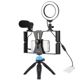Kit vlogging profesional,trepied,suport telefon,microfon,mini ring light LED