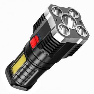 Lanterna portabila, 6 LED-uri, 4 moduri de iluminare, cablu Micro-USB inclus, ABS, baterie 1200 mAh, rezistenta la apa, negru