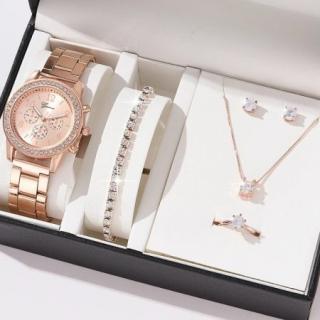 Set bijuterii dama, cercei, bratara, ceas de mana, inel, lantisor cu pandantiv, rose gold, cutie inclusa