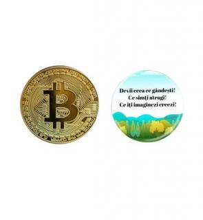 Set cadou format din moneda de colectie Bitcoin si insigna Dactylion cu mesaj motivational