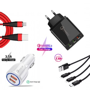 Set complet incarcatoare auto, telefon, cablu 3in1 si Lightning, incarcare rapida