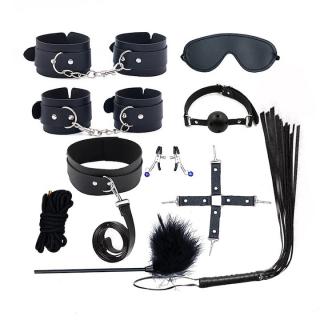 Set de 10 jucarii erotice pentru adulti, bandaj ochi, guler, bici, catuse, piele ecologica, negru