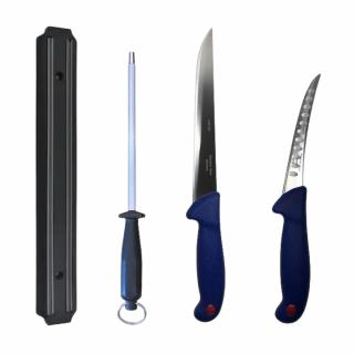 Set profesional de macelarie, dezosat, transat, filetat, 2 cutite, otel carbon, suport magnetic, masat pentru ascutit