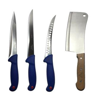 Set profesional de macelarie, filetat, transat, injunghiat, dezosat, otel carbon, 3 cutite, satar