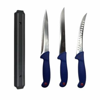 Set profesional de macelarie, filetat, transat, injunghiat, dezosat, otel carbon, 3 cutite, suport magnetic