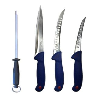 Set profesional de macelarie, injunghiat, transat, dezosat, filetat, 3 cutite otel carbon, masat pentru ascutit