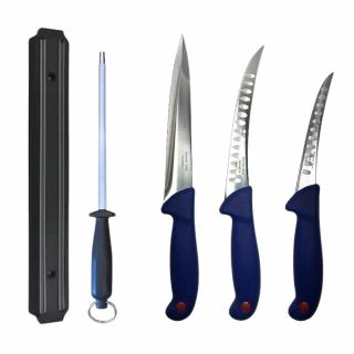 Set profesional de macelarie, injunghiat, transat, dezosat, filetat, 3 cutite otel carbon, suport magnetic, masat pentru ascutit