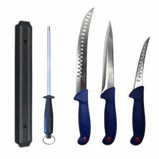 Set profesional de macelarie, injunghiat, transat, dezosat, filetat, masat pentru ascutit, 3 cutite, suport magnetic