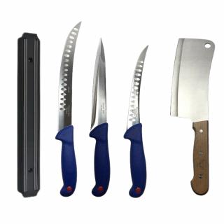 Set profesional de macelarie, transat, dezosat, filetat, injunghiat, 3 cutite, satar si suport magnetic