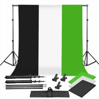 Suport foto studio reglabil 2x3m, clesti inclusi + 3 panze de fundal multicolore 2x3m