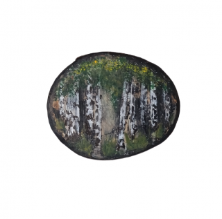 Pictura pe felie de lemn, Padure de mesteceni,  10 x 8 cm