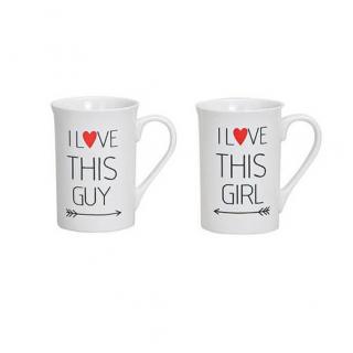 Set 2 cani ceramice, pentru cuplu, Valentine s Day, I love, albe, 330ml