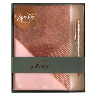 Set agenda tip caiet A5 si pix roz auriu sparkle glitter, 21 x 15 cm