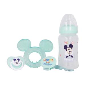 Set biberon cu tetina 240 ml, inel dentitie, suzeta ortodontica si suport pentru suzeta, Mickey Mouse