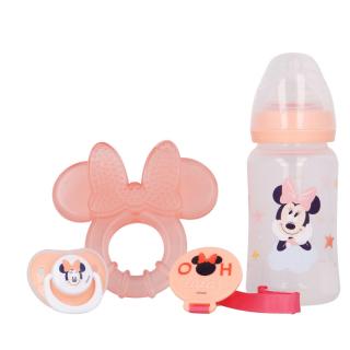 Set biberon cu tetina 240 ml, inel dentitie, suzeta ortodontica si suport pentru suzeta, Minnie Mouse