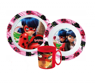 Set mic dejun 3 piese Miraculous Ladybug, Microunde, farfurie, bol si cana