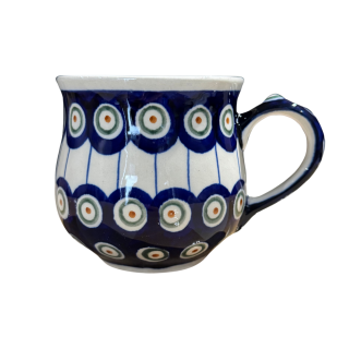 Cana ceramica smaltuita pentru ceai   cafea   vin fiert Peacock Eyes, in forma de   balon  , pictata manual, 230ml