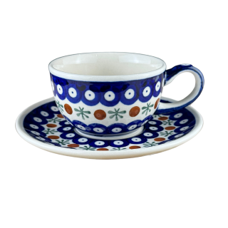 Ceasca cafea cu farfurie Blue Eyes Festive, ceramica smaltuita, pictata manual, 210 ml