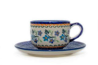 Ceasca pentru cafea cu farfurie Basket of Blue, ceramica smaltuita, pictata manual, 210 ml