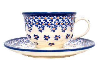 Ceasca pentru cafea cu farfurie Blue Field, ceramica smaltuita, pictata manual, 220 ml