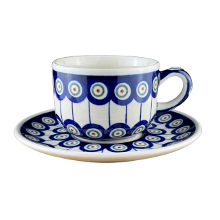 Ceasca pentru cafea cu farfurie Peacock-Eyes, ceramica smaltuita, pictata manual, 210 ml