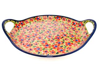 Platou rotund cu manere pentru servire Fire Poppies, ceramica smaltuita, pictat manual, 28,5   33,0 cm