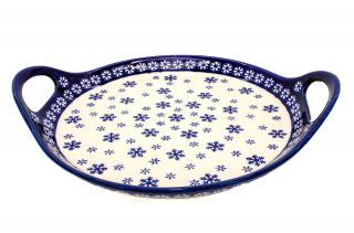 Platou rotund cu manere pentru servire Snowflakes, ceramica smaltuita, pictat manual, 28,5   33,0 cm