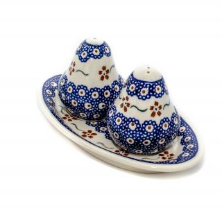 Set 2 recipiente sare si piper cu tava Flowery, ceramica smaltuita, pictata manual, 6,4 18,4 x 10,4 cm