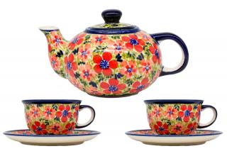 Set cafea ceai pentru 2 persoane Fire Poppies, ceainic si 2 cesti cu farfurie, ceramica poloneza pictata manual