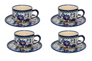 Set cafea pentru 4 persoane Floral Fireworks, 4 cesti cu farfurie, ceramica poloneza, pictata manual