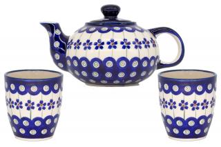 Set ceai pentru 2 persoane Floral Peacock, ceainic+2 pahare, ceramica poloneza, pictata manual