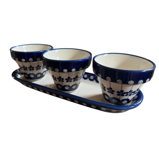 Set trei ghivece cu farfurie Floral Peacock, ceramica smaltuita, pictate manual