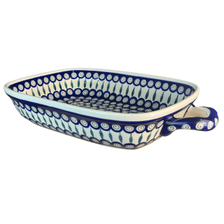 Tava cu manere pentru cuptor, Peacock Tear Drops, dreptunghiulara, ceramica smaltuita, pictata manual, 27,2 x 45,0 cm, volum 3,5 L