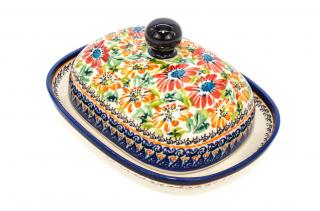 Untiera ovala cu capac Flower Jungle, ceramica smaltuita, pictata manual,15,0 x 19,8 cm