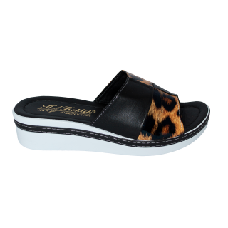 Papuci dama, Piele ecologica, Negru cu imprimeu leopard Sah, ta1587