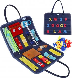 Carte educativa Montessori, cu activitati senzoriale, Simply Joy, tip gentuta, 1 - 5 ani, jucarie usoara pentru calatorii, activitati multiple, Multicolor