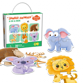 Joc Puzzle educativ pentru copii 6 in 1, Simply Joy, 3 4 5 6 7 8 piese, Animale Salbatice, Leu, Elefant, Cimpanzeu, Vulpe, Cerb, Koala pentru baieti si fete, 2 ani+