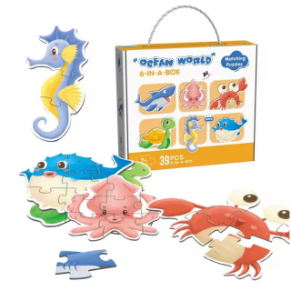 Joc Puzzle pentru copii 6 in 1, Simply Joy, 3 4 5 6 7 8 piese, 6 Animale Marine, Calut de Mare, Crab, Rechin, Broasca Testoasa, Peste, Caracatita, pentru baieti si fete, 2 ani +