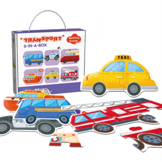 Joc Puzzle pentru copii 6 in 1, Simply Joy, 3 4 5 6 7 8 piese, Mijloace de Transport, Autobuz, Masina de Politie, Vapor, Masina de Pompieri, Ambulanta, Taxi pentru baieti si fete, 2 ani+