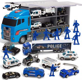 Jucarie Camion de Politie 19 in 1 cu Figurine Mici de Politie, Simply Joy, masinute tip ambulanta, jeep, suv, masina cu scara, elicopter, pentru baieti 3-9 ani, Albastru