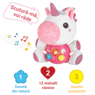 Jucarie pentru bebelusi, Simply Joy, animal de plus unicorn, cu sunete si lumini, roz, + 6 luni