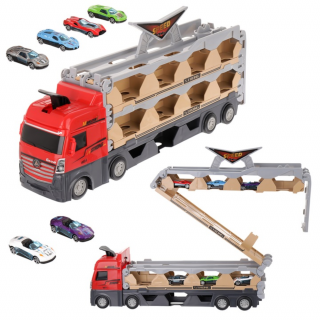 Jucarie Set Camion Trailer pentru Transport Masinute de curse, Simply Joy  , Tir cu 16 Masini Incluse pentru Copii de 3, 4, 5, 6 ani, Catapultare Vehicule, Platforma si Pista de curse, Prelungire 2.07m