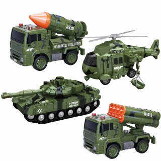 Jucarii Masini Armata 4 in 1, Simply Joy  , Set de Jucarii cu Camion Militar, Elicopter Militar, Tanc si Masina de Jucarie cu lansator rachete, Set masinute de Jucarie, cu Lumini si Sunete